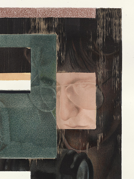 A layered drawing in which a close-up of a face with glasses shows through a rectangular window, framed by blocks of muted green, dusty pink and streaked dark brown.