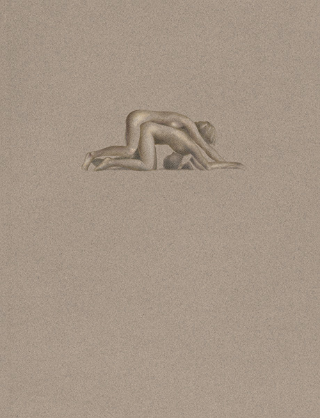 A small, finely rendered drawing of two nude figures, one curled over the other, floating near the center of a large field of warm gray paper.