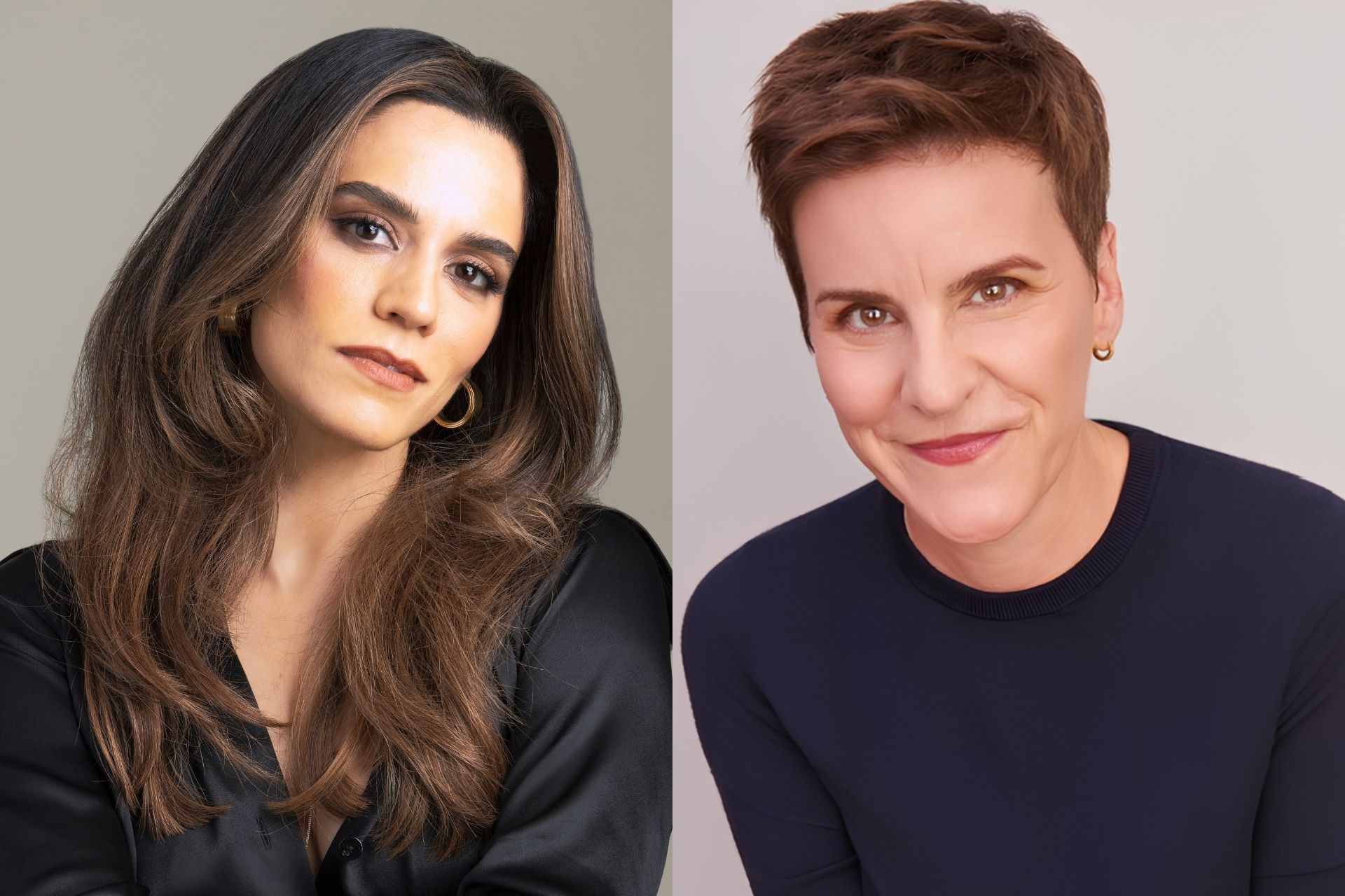 Side-by-side portraits. On the left, Sepideh Moafi, with long brown hair and gold hoop earrings, wears a black satin blouse against a gray background. On the right, Jenn Colella, with short auburn hair, smiles in a navy sweater against a light background.