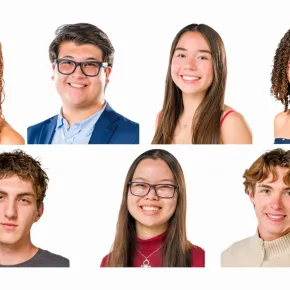 Seven young people, appearing to be high school or college age, are arranged in two rows against a white background in what looks like a professional composite photo for an awards or recognition feature. The top row features a young woman with long brown box braids and a denim top, a young man wearing glasses and a blue blazer, a young woman with long straight brown hair in a red top, and a young woman with curly hair and a blue top. The bottom row features a young man with wavy light brown hair in a dark t