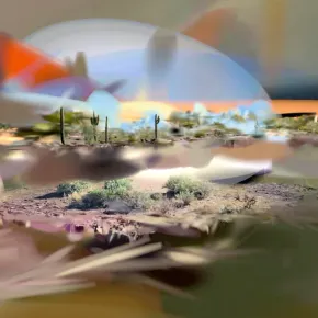 A desert landscape with saguaro cacti and low shrubs appears layered with translucent, overlapping abstract forms in muted pink, orange, blue and green tones.