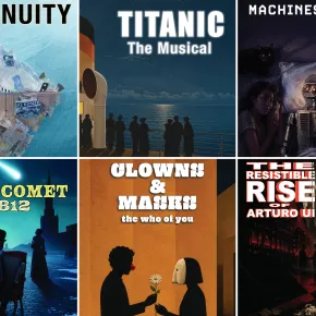 Six-panel graphic announcing the UCI Drama 2026-27 season, showing the key art and title for each production: Continuity, Titanic: The Musical, Machines Like Me, Natasha, Pierre & The Great Comet of 1812, Clowns & Masks: the who of you and The Resistible Rise of Arturo Ui.