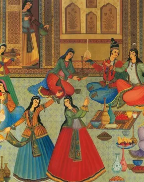A richly detailed Iranian-style painting showing women dancing, playing music, and gathering inside an ornate palace scene.