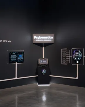 Interactive gallery installation titled “Psybernetica” featuring digital screens, illuminated graphics and connected display elements against black walls