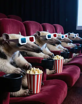 A row of anteaters wearing red-and-blue 3D glasses sit in plush red movie theater seats holding tubs of popcorn while facing a glowing cinema screen, creating a humorous staged scene