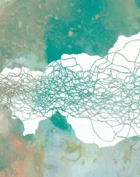 A horizontal band of densely tangled teal lines overlays a torn white paper shape against a mottled watercolor background in soft teal, peach and green tones.