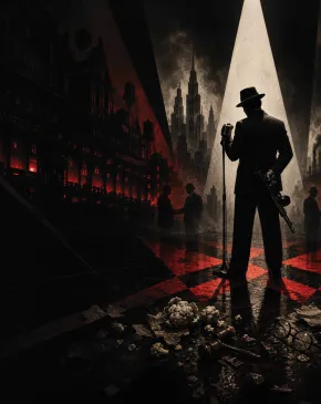 A silhouetted figure in a suit and fedora stands at a vintage microphone holding a tommy gun, set against a dark, red-toned cityscape with dramatic spotlight beams.