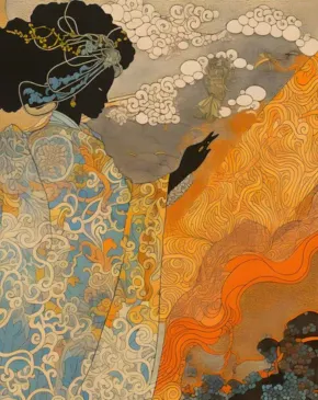 An illustrated figure wearing an ornate patterned wrap and decorated hair ornaments gestures toward swirling orange flames against a dramatic cloud-filled sky.