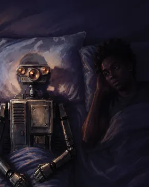 A painted illustration of a small glowing-eyed robot sitting upright in bed between two awake adults, with a black cat watching from the upper left corner.