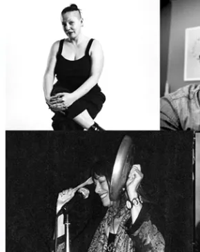 A black-and-white collage of five individuals, including repeated photo-booth portraits of one person, a seated figure, a performer at a microphone, and two close-up portraits.
