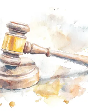 A watercolor illustration of a wooden gavel resting on its sound block, rendered in warm brown and amber tones against a white background with soft paint splashes.