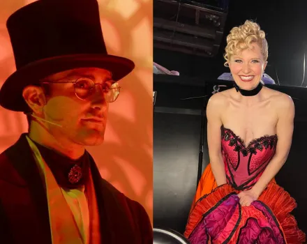 (Left) Justin Keats and (right) Amy Quanbeck in costume for their roles in "Moulin Rouge! The Musical"