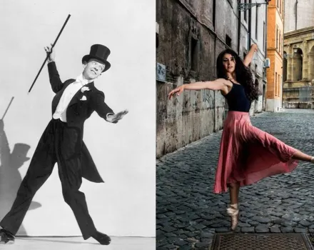 (above left) Mr. Fred Astaire, an American dancer, often regarded as the greatest popular music dancer of stage and film of all time. (above right) Ms. Laman Musayeva, a 2018 recipient of the ASTAIREAWARDS® scholarship, dances in the streets of Rome, Italy, 2017.