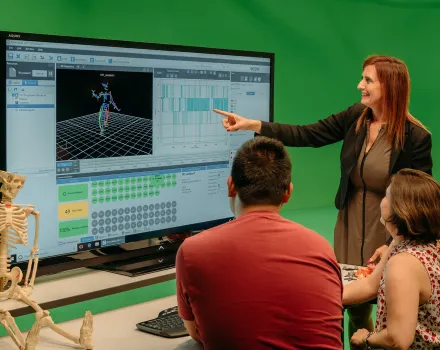 Dr. Kelli Sharp with students in the Motion Capture Studio at the UCI Claire Trevor School of the Arts in 2019.