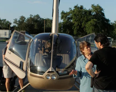 Bridging Urban America filmmakers Basia and Leonard Myszynski discussing aerials over Huey P. Long Bridge, New Orleans Lakefront Airport. Photo by Quinton Brudos-Sommers