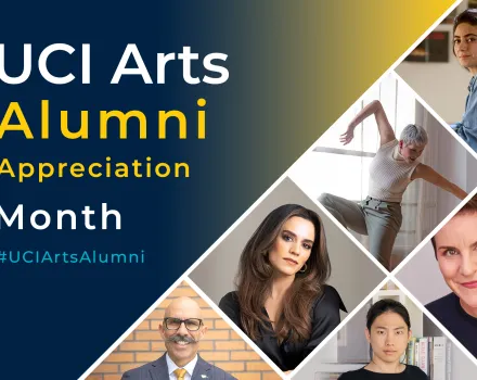 Graphic banner reading 'UCI Arts Alumni Appreciation Month, #UCIArtsAlumni' in white, gold, and teal text on a navy-to-gold gradient background. To the right, a diamond-tiled photo collage shows seven UCI Arts alumni: a woman with long dark curly hair in a denim jacket; a dancer with short silver hair mid-movement in a studio; a woman with long brown hair in a black blouse and gold hoop earrings; a smiling bald man with a mustache and glasses in a blazer; a young person with dark hair against a bookshelf; a