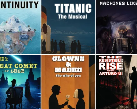 Six-panel graphic announcing the UCI Drama 2026-27 season, showing the key art and title for each production: Continuity, Titanic: The Musical, Machines Like Me, Natasha, Pierre & The Great Comet of 1812, Clowns & Masks: the who of you and The Resistible Rise of Arturo Ui.