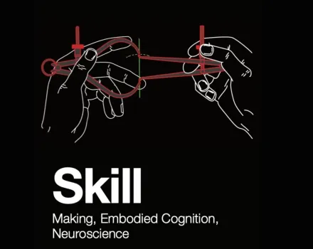 Book cover illustration on a black background: two hands, drawn in thin white line art, hold a red outlined pair of calipers stretched between them, with a green line marking the measurement point. Below, large white text reads “Skill,” followed by the subtitle “Making, Embodied Cognition, Neuroscience.”