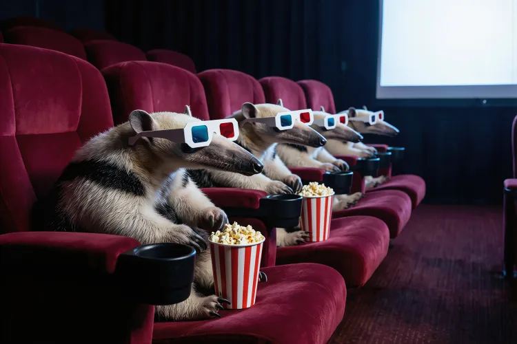 A row of anteaters wearing red-and-blue 3D glasses sit in plush red movie theater seats holding tubs of popcorn while facing a glowing cinema screen, creating a humorous staged scene