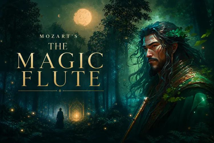 Promotional artwork for Mozart's The Magic Flute, featuring a moonlit enchanted forest, a cloaked traveler approaching a glowing portal and a long-haired man holding a flute.