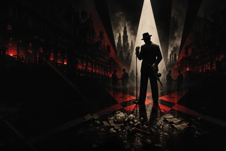 A silhouetted figure in a suit and fedora stands at a vintage microphone holding a tommy gun, set against a dark, red-toned cityscape with dramatic spotlight beams.