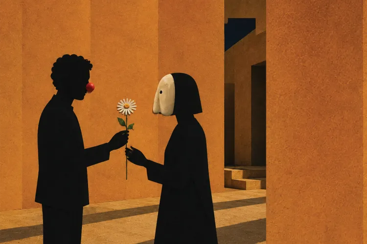 A stylized illustration of two dark silhouetted figures facing each other, one with a red clown nose handing a daisy to the other, who wears a large white mask, set against warm amber architecture.