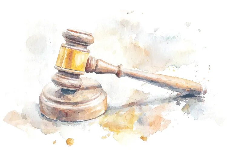 A watercolor illustration of a wooden gavel resting on its sound block, rendered in warm brown and amber tones against a white background with soft paint splashes.