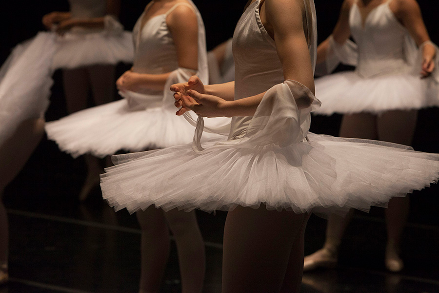 Close up image of several ballerinas in their tutus