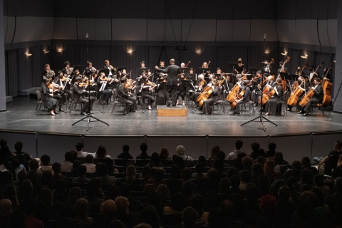 Full symphony orchestra on stage with cinductor in view