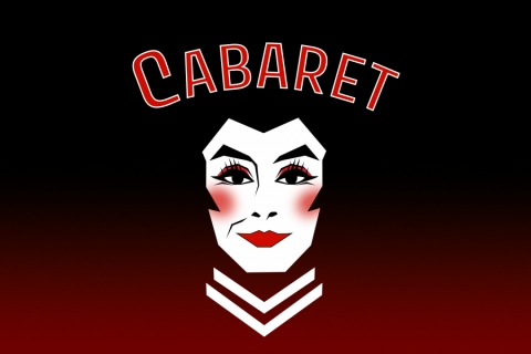 A face painted with white stage makeup and rosy cheecks, under the word Cabaret