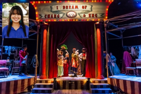 The set of UCI Drama's "I Dream of Chang and Eng" lit up with a stage set.