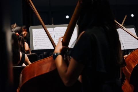 View of strong instrument player from the back