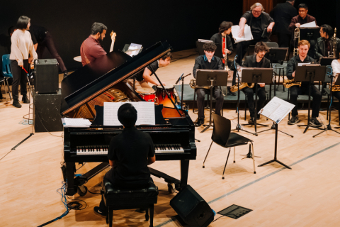 Jazz orchestra on stage mid-performance