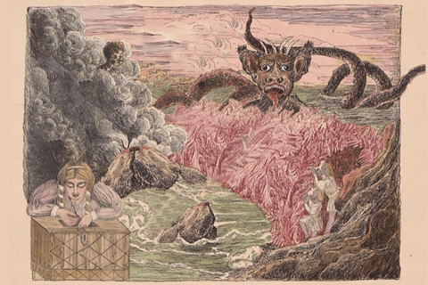 Madame Modjeska’s Wicked Fairytale (illustration drawing of a child and beast in the forest)