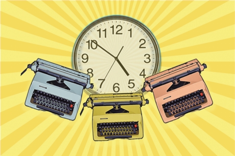 A clock and typewriters