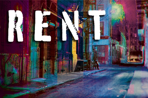 Colorful image of a dark alleyway; RENT text displayed