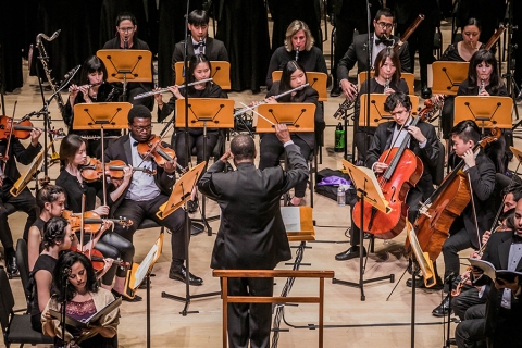 Symphony orchestra conductor on stage with baton in hand, back to audience; instruments and musicians circled around him