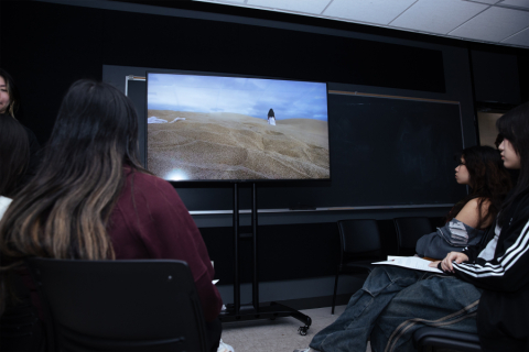 Patrons viewing film in gallery setting