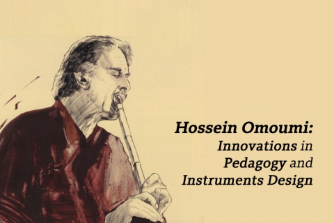Drawing of Hossein Omoumi playing instrument