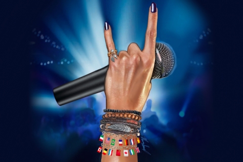 Person holding microphone, index and pinky fingers extended in a "rock music" hand gesture