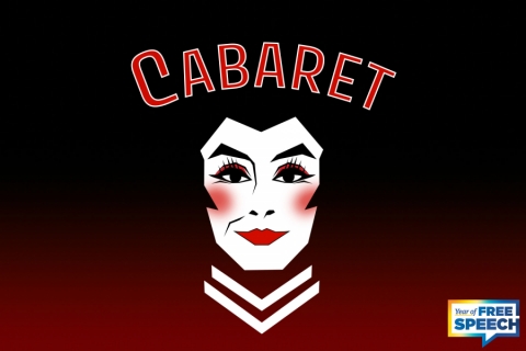 A face painted with white stage makeup and rosy cheecks, under the word Cabaret