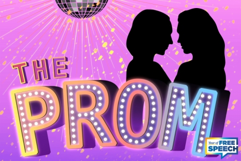 Two women facing each other with a disco ball in the background; text reads "The Prom"