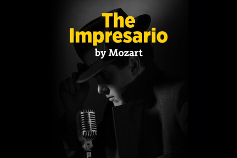 Text "The Impresario by Mozart" over a shadowy image of a man in a 1950s era hat, with microphone
