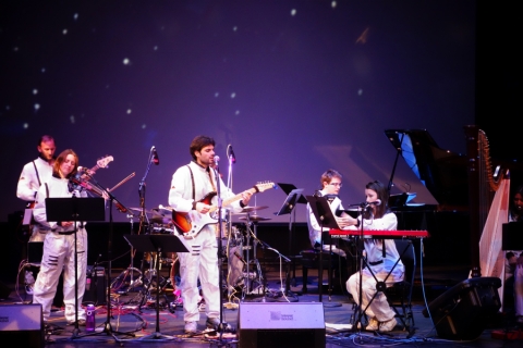 Group of musicians performing a rock opera in the Experimental Media Performance Lab 