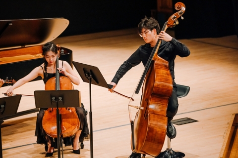 Chamber musicians on stage during a concert