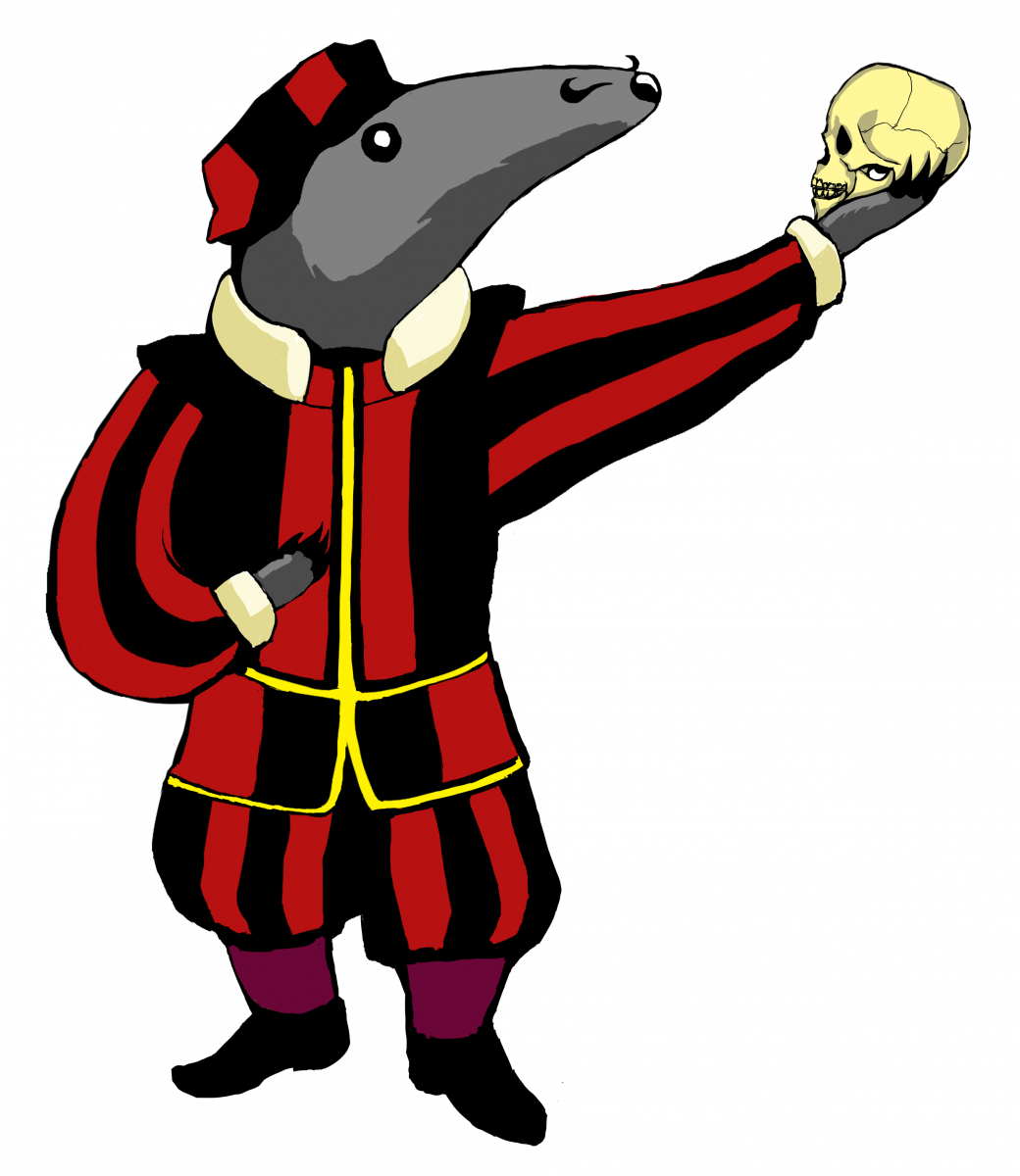 Peter the Anteater in Shakespearean garb, holding a skull it his outstretched hand